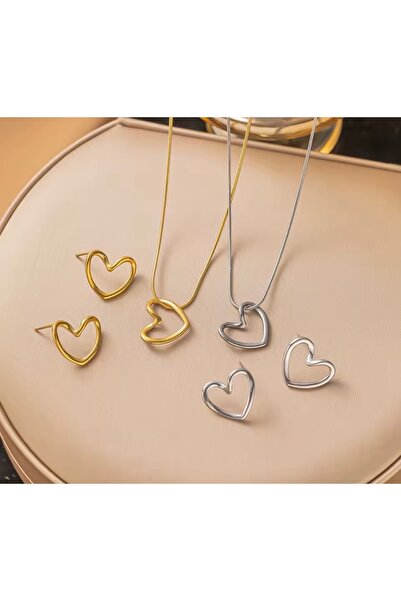 monalisatoka Kadın Gold Gümüş Kalpli Düğüm Kolye+Küpe Seti