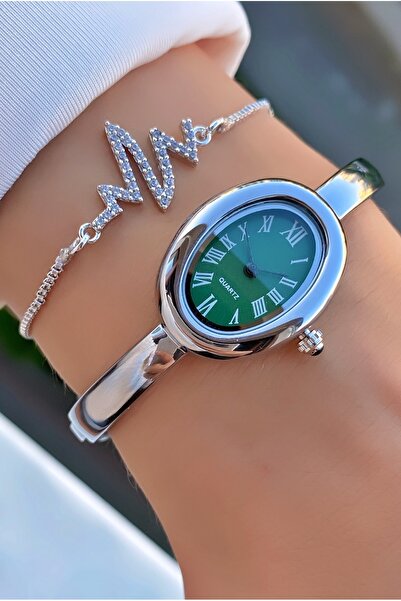 Merand Silver Color Women's Wrist Watch with Green Dial and Heartbeat Stone Bracelet Set