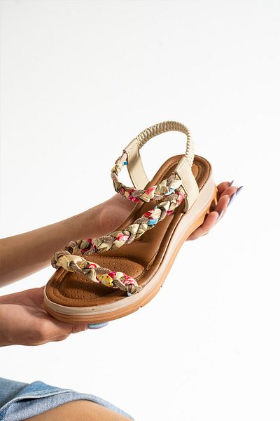 Ayax Beige Floral Satin Fabric Daily Stone Piping Women's Sandals