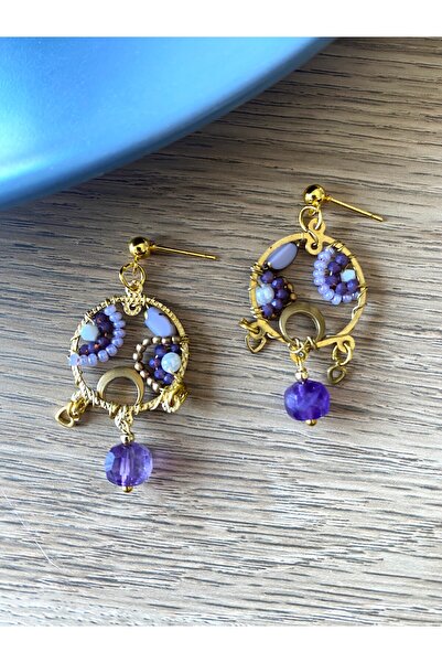 dela otantik El Yapımı Amatist Taşlı Boncuklu Sallantılı Küpe – Bohem Etnik Tasarım Bijuteri Takı - Earrings