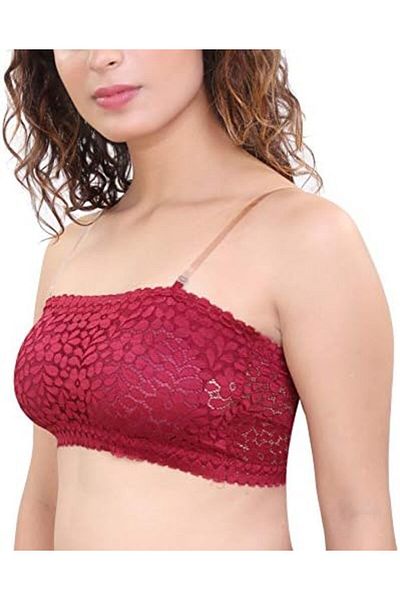 Glamroot Women's Padded Seamless Floral Lace Tube Bra Strapless Bra with Removable Soft Cups, Free S