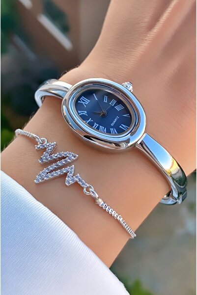 Merand Silver Color Black Dial Women's Wrist Watch and Heart Rate Bracelet Set – Oval Case, Classic Elegance