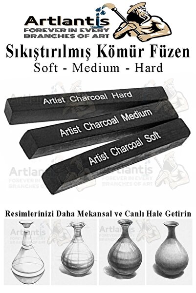 Artlantis Sıkıştırılmış Kömür Füzen Seti 3 lü 1 Paket Siyah Kare Press Kömür Füzen Yassı Çizim Gölgelendirme G