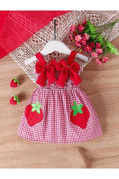 OEM Red and white checked dress with appliquéd strawberries and bows, 12-18 months, 86 cm