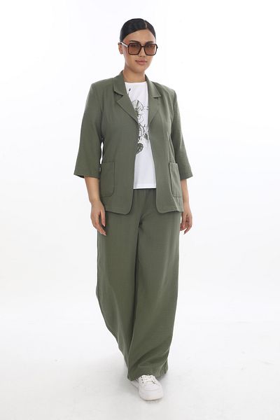 EXİTLİNE Women's Summer Suit Wide Leg Khaki Color Cotton Linen Trousers