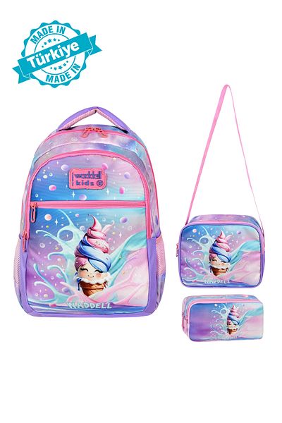 Niss Store Cute Sweet Ice Cream Themed Primary School Backpack, Lunchbox and Pen Holder Set
