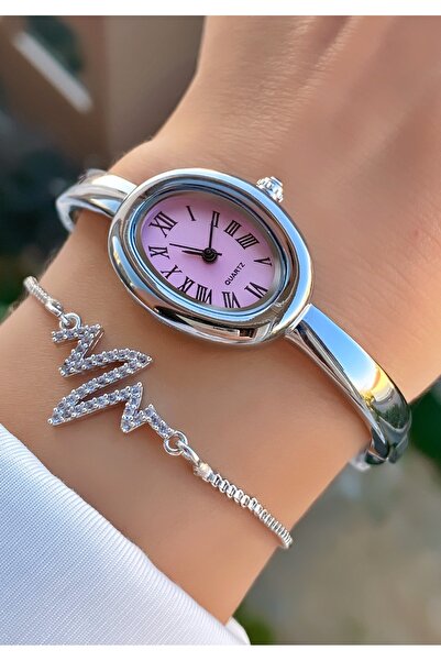 Merand Pink Dial Silver Color Women's Wrist Watch and Rhinestone Heart Rate Bracelet Set