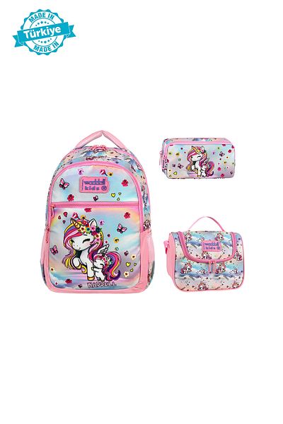 Niss Store Set de trei rucsac pentru școală primară, cutie de prânz și suport pentru stilou cu tematică unicorn