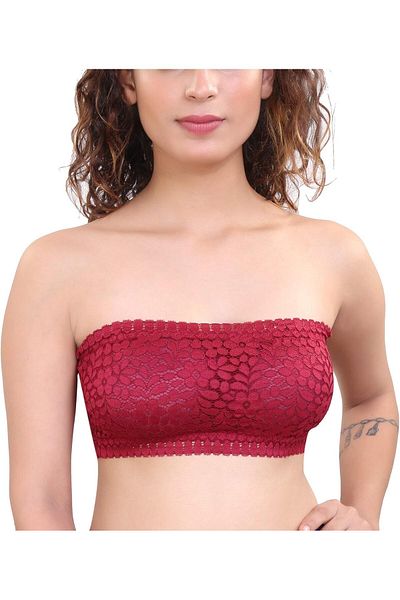 Glamroot Women's Padded Seamless Floral Lace Tube Bra Strapless Bra with Removable Soft Cups, Free S