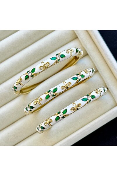 Parıltı Vintage Beyaz ve Yeşil Yaprak Sofistik Mineli Kelepçe Bilezik