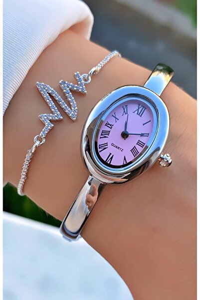 Merand Pink Dial Silver Color Women's Wrist Watch and Rhinestone Heart Rate Bracelet Set