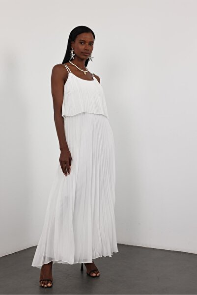 5in1Canpolat White Pleated Chiffon Dress 00778