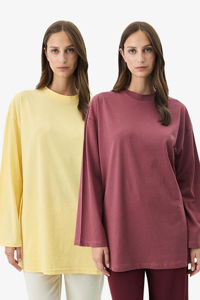 C&City Μπλουζάκι με μεγάλο μανίκι Oversize 2 Pack 964 Yellow/Dried Rose