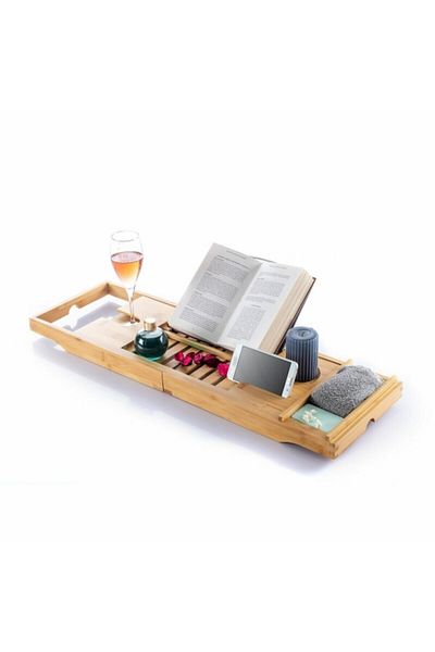 AB HOMES Extensible Bamboo Bathtub Tray, 70 - 104 cm, with Wine Glass, Book, Soap Holder and Bathroom Accesso