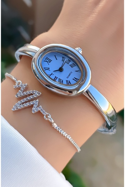 Merand Silver Oval Women's Wrist Watch and Heartbeat Rhinestone Bracelet Set – Classic and Meaningful