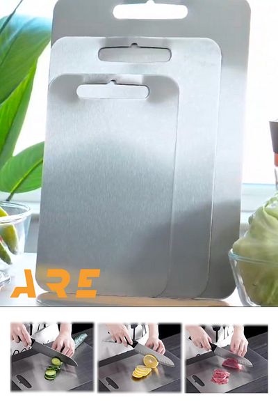 ARE Set of 3 Stainless Steel Cutting Chopping Boards – Suitable for Food Contact, Antibacterial