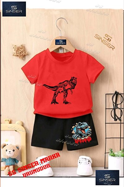 SS SİNSER Children's Unisex “Dinosaur Red Patterned“ Special Printed Crew Nec...