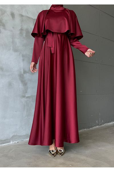 Aranlı tekstil Satin Fabric Cape Detail Tettured Dress/Evening Dress