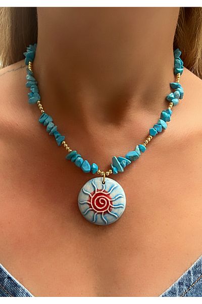 Kutcha Accessories Handmade Sun Motif Necklace with Turquoise Natural Stone