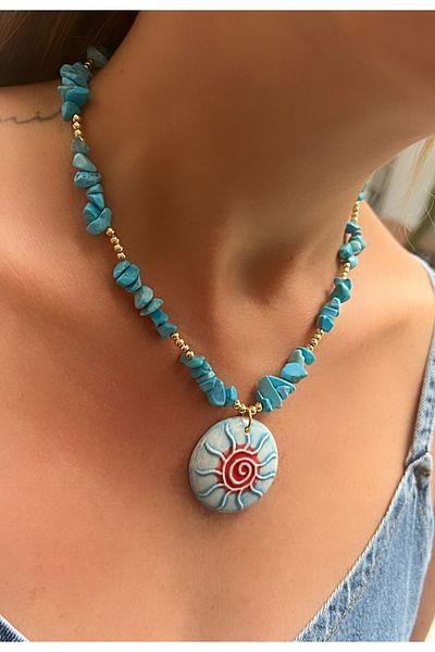 Kutcha Accessories Handmade Sun Motif Necklace with Turquoise Natural Stone