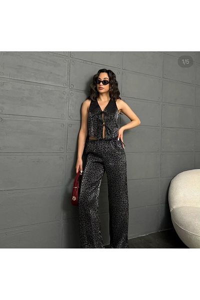 Bak'ap Premium Trend Shiny Leopard Patterned Vest with Lacing Detail - Wide Leg Trousers 2-Piece Set