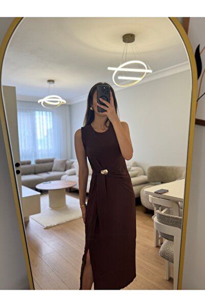 MasalBoutiquee Kadın Drape Detaylı Kahverengi Elbise
