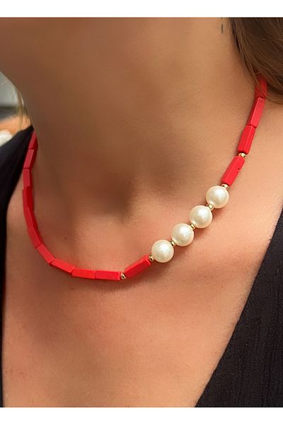 Kutcha Accessories Varisit Natural Stone and Pearl Detailed Handmade Necklace – Red / Turquoise / Purple