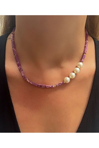 Kutcha Accessories Varisit Natural Stone and Pearl Detailed Handmade Necklace – Red / Turquoise / Purple