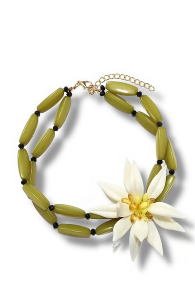 Finery by Nerrs Oil Green Beads, White Flower Necklace Earrings Set