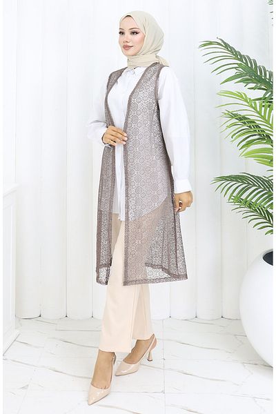 sefamerve Lace Soft Long Vest Mother Vest Plus Size Vest 8760-04 Milky Coffee