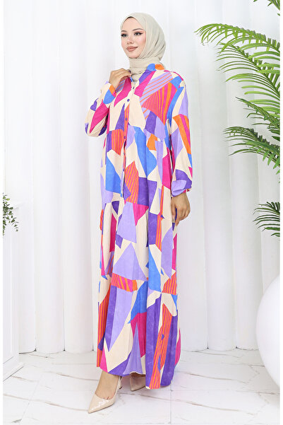 sefamerve Φόρεμα με μισό κουμπί και σχέδιο 5580-04 Μωβ