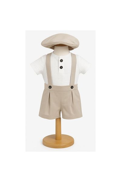 OEM Costum elegant băieți, set 3 piese: cămașă, pantalon, beretă, 2-4 luni, culoare bej
