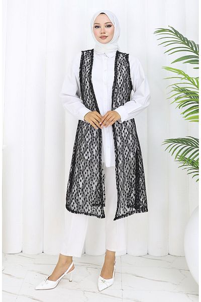 sefamerve Soft Lace Long Vest Seasonal Vest Large Size Vest 8761-06 White