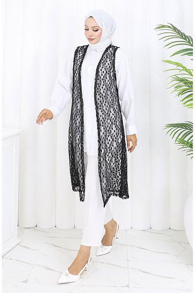 sefamerve Soft Lace Long Vest Seasonal Vest Large Size Vest 8761-06 White