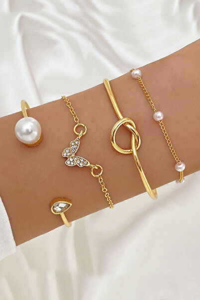 Kadın 3'lü Gold İncili Zirkon Taşlı Premium Bileklik Seti