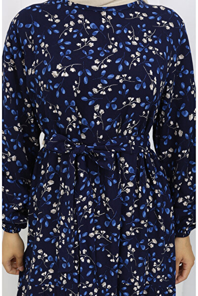 sefamerve Çiçek Desenli Viskon Elbise 0113-03 Lacivert