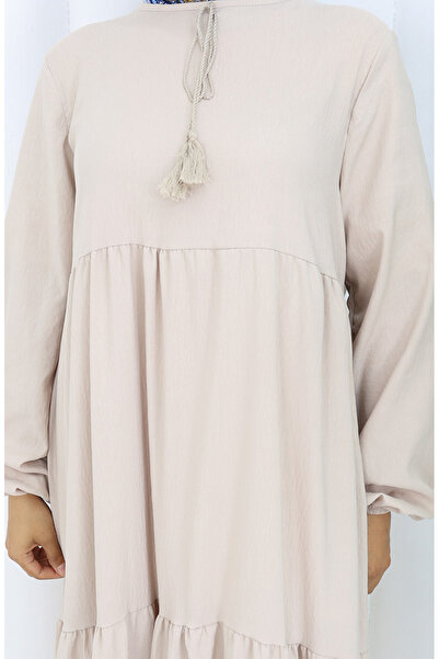 sefamerve Yaka Bağcıklı Kat Kat Elbise 4107-08 Vizon