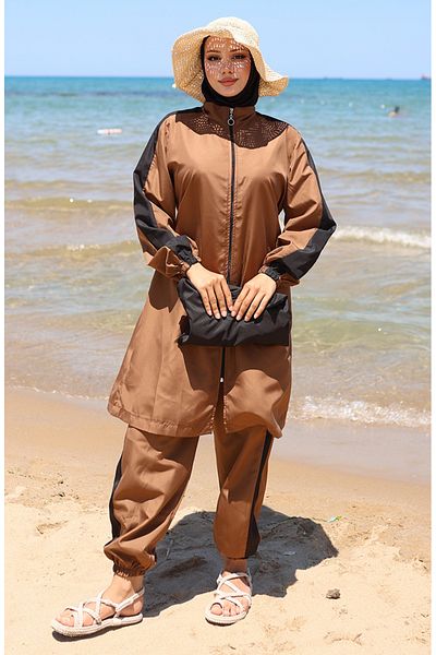 sefamerve Γαρνιρισμένο Μαγιό Hijab με φερμουάρ 6565-05 Claret Red