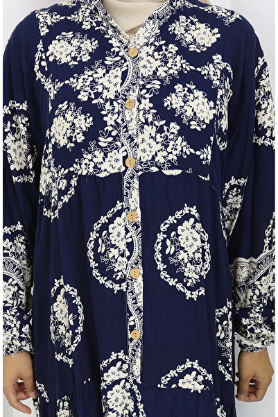 sefamerve Viscose Fabric Half Button Dress 0109-03 Navy Blue