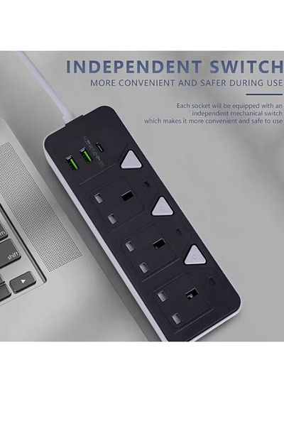 powermax MX55 6-in-1 Power Socket Extension Plug-2500W Power Strip Extension with 3 AC Outlets +2 USB +1 PD