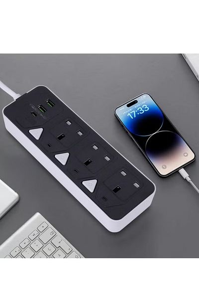 powermax MX55 6-in-1 Power Socket Extension Plug-2500W Power Strip Extension with 3 AC Outlets +2 USB +1 PD