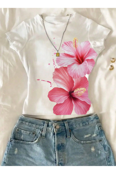 LAYORA Tricou crop pentru femei cu model de flori de hibiscus alb