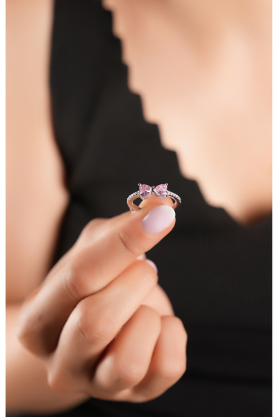 SUNSHINE 925 Ayar Gümüş , Pembe Taşlı Kalp Desenli Yüzük