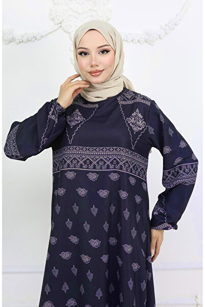 sefamerve Tuğra Detaylı Desenli Elbise 0039-04 Füme