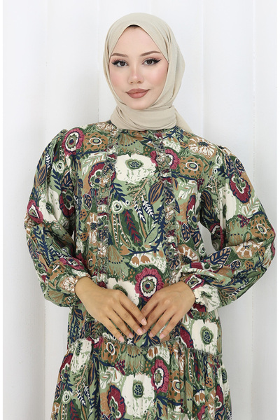 sefamerve Viskon Kumaş Büzgülü Elbise 2094-05 Haki