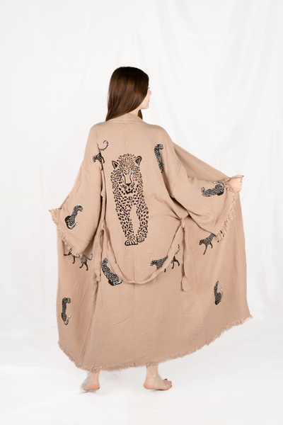Befera Design Muslin Kimono 100% Cotton Leopard Printed Patterned Bathrobe Kaftan Dressing Gown