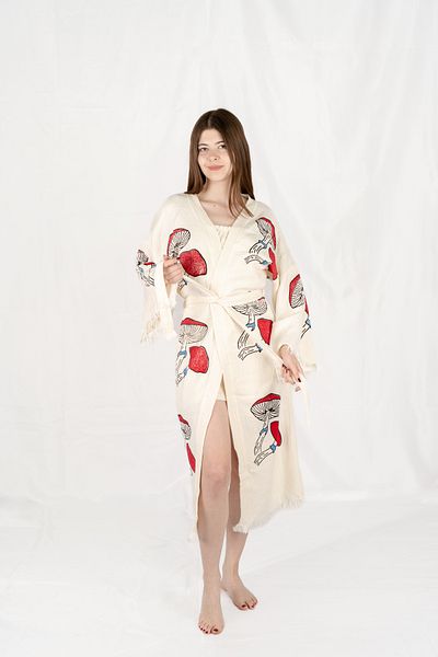 Befera Design Muslin Kimono 100% Cotton Mushroom Printed Patterned Bathrobe Kaftan Dressing Gown