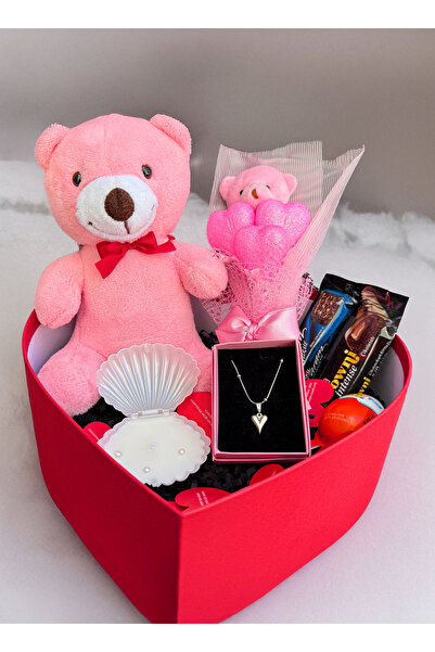 Linalux Gifts Sevgiliye Kalp Kutuda 25cm Ayıcık Çelik Kolye Ayıcık Buketi Çik...
