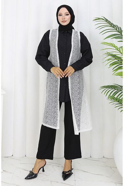 sefamerve Lace Soft Long Vest Mother Vest Plus Size Vest 8760-04 Milky Coffee