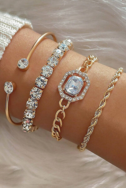 H&E DESIGN Kadın 4'li Gold Zirkon Taşlı Premium Bileklik Seti